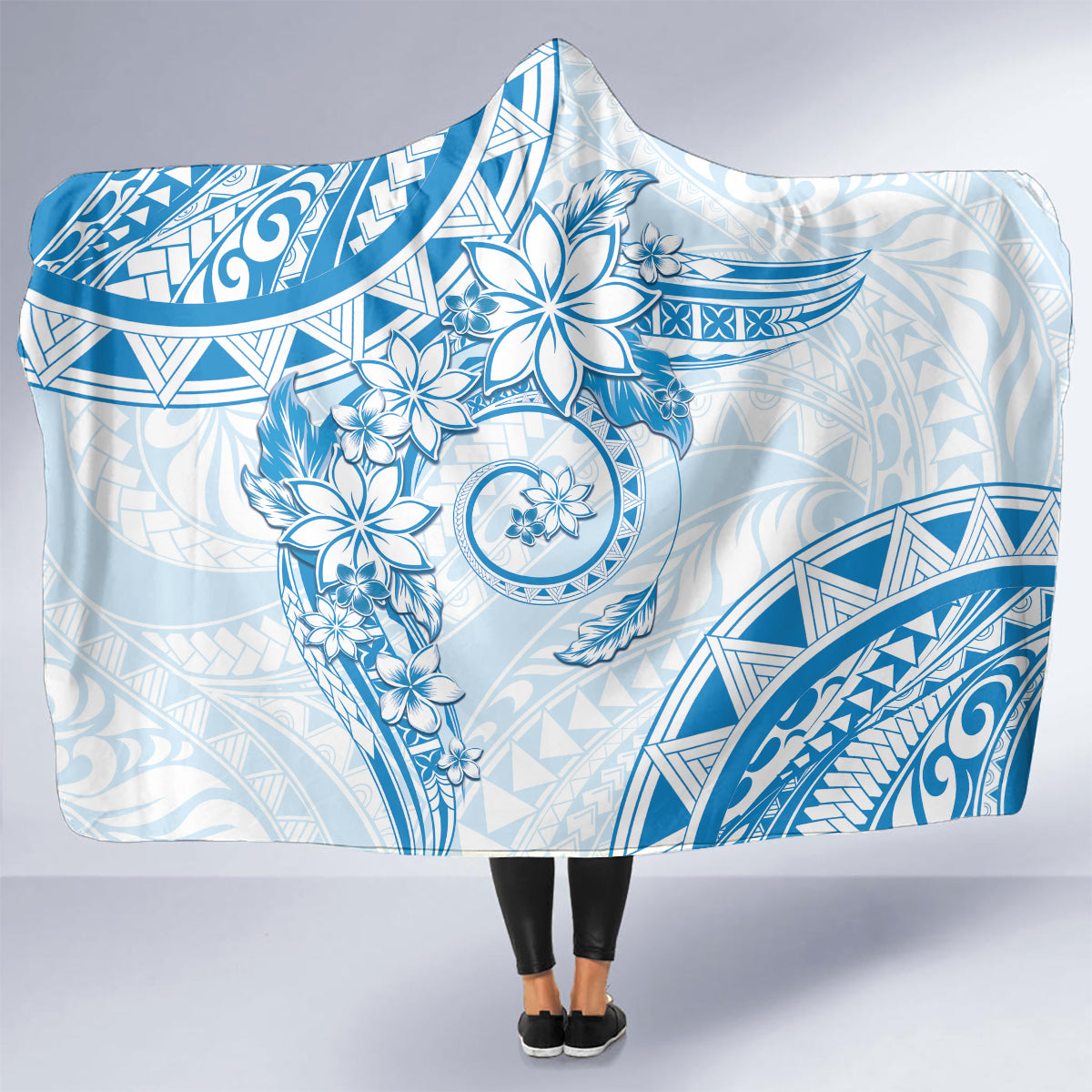 Polynesian Pattern With Plumeria Flowers Hooded Blanket Blue LT05 - Polynesian Pride