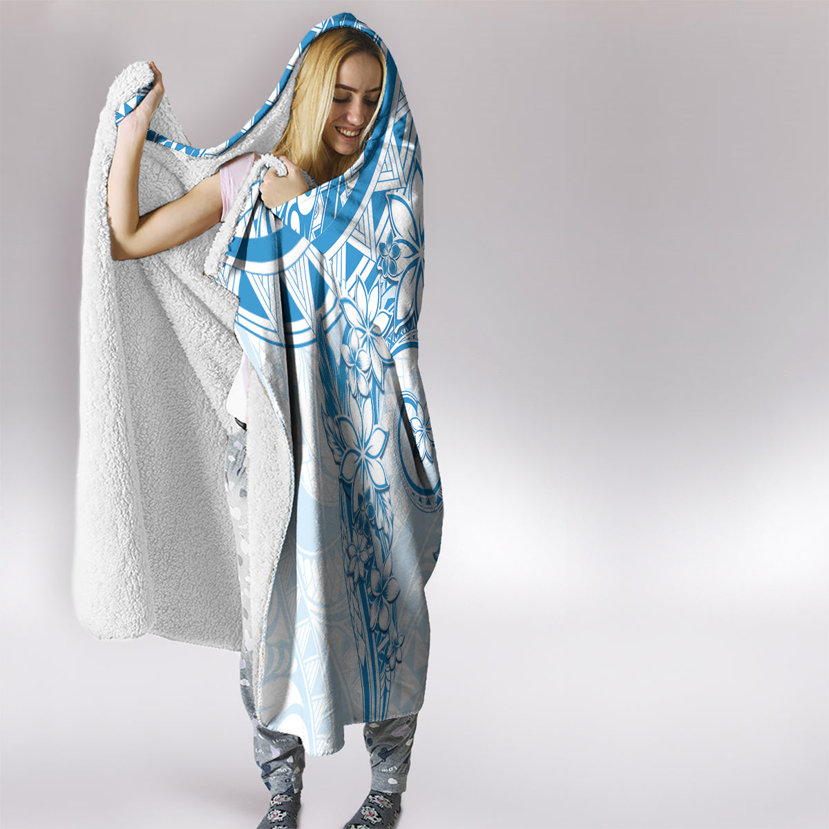 Polynesian Pattern With Plumeria Flowers Hooded Blanket Blue LT05 - Polynesian Pride