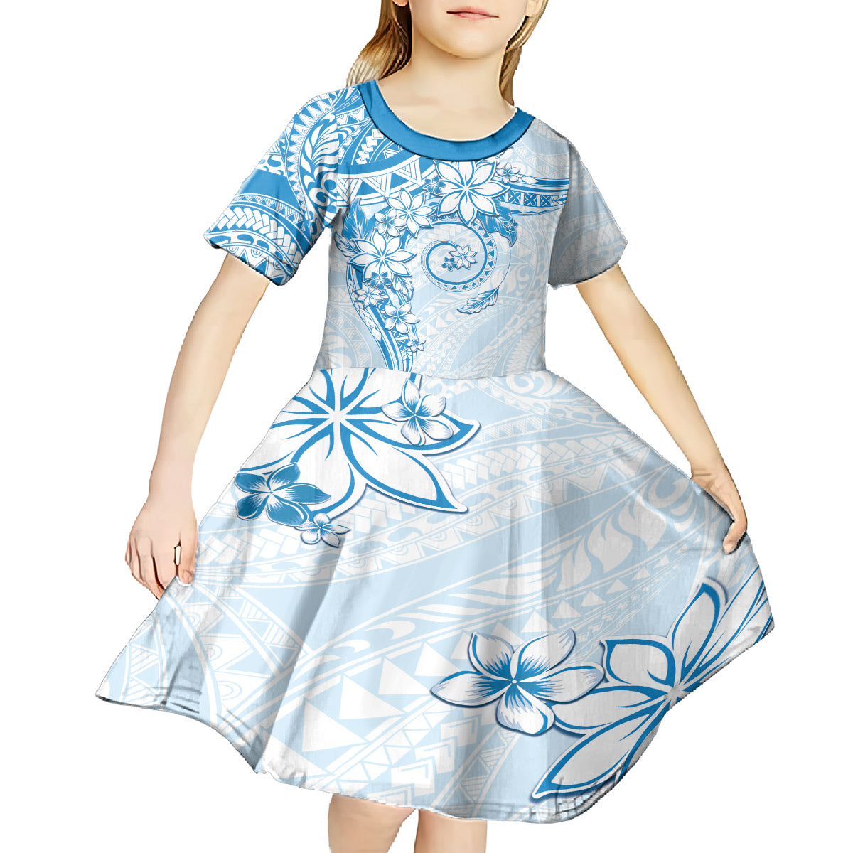 Polynesian Pattern With Plumeria Flowers Kid Short Sleeve Dress Blue LT05 - Polynesian Pride