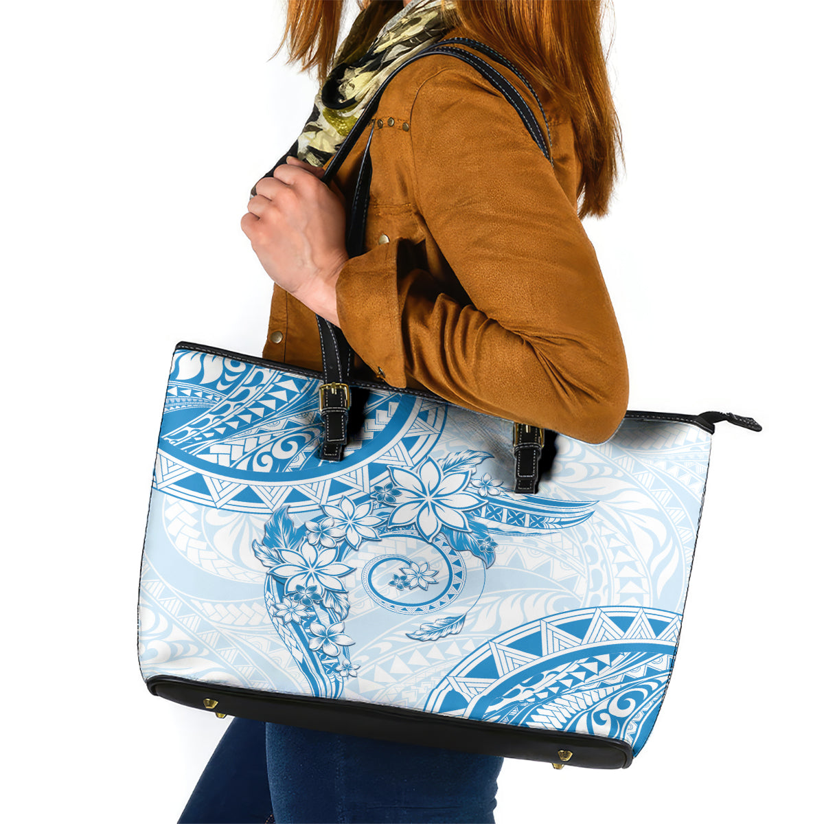 Polynesian Pattern With Plumeria Flowers Leather Tote Bag Blue LT05 Blue - Polynesian Pride