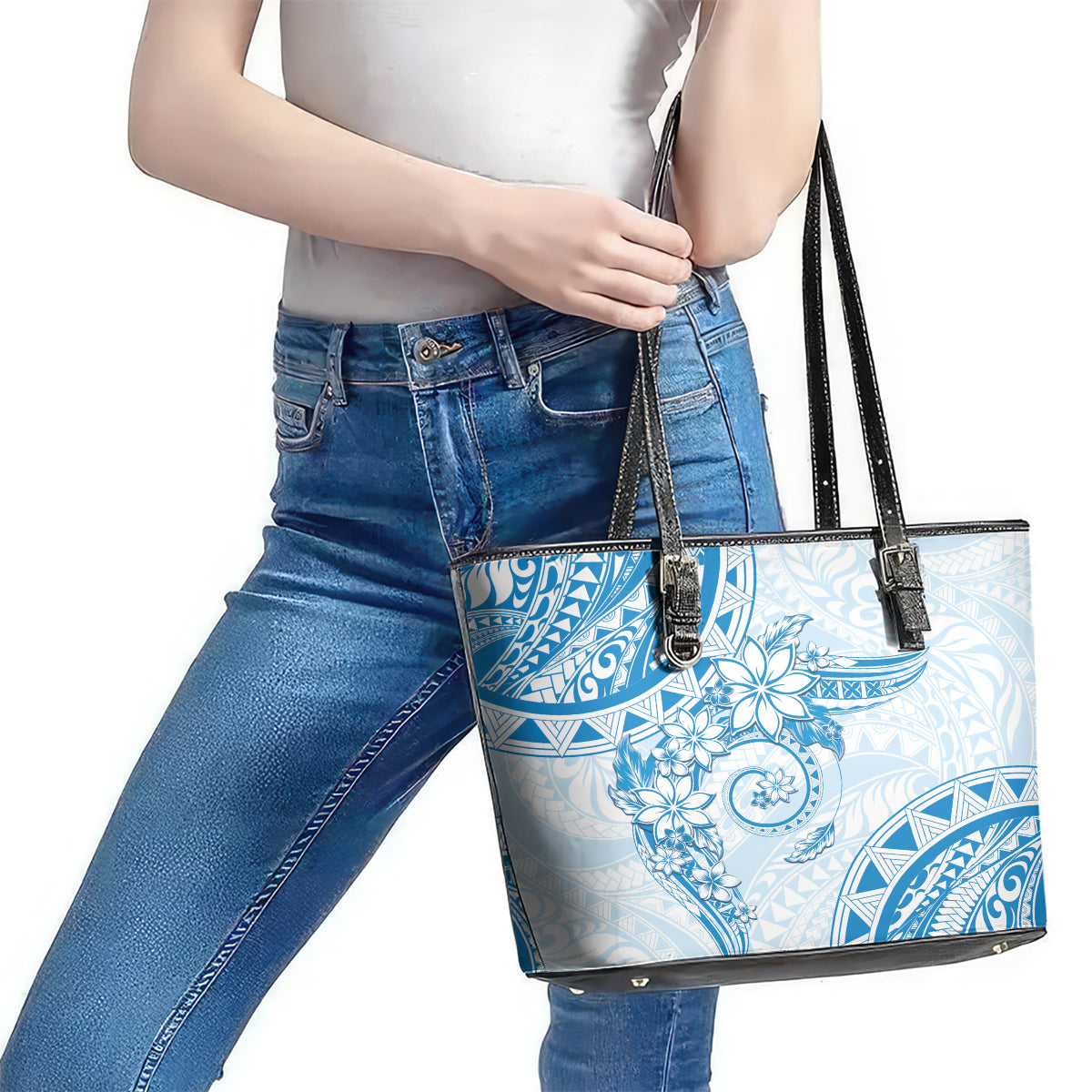Polynesian Pattern With Plumeria Flowers Leather Tote Bag Blue LT05 - Polynesian Pride