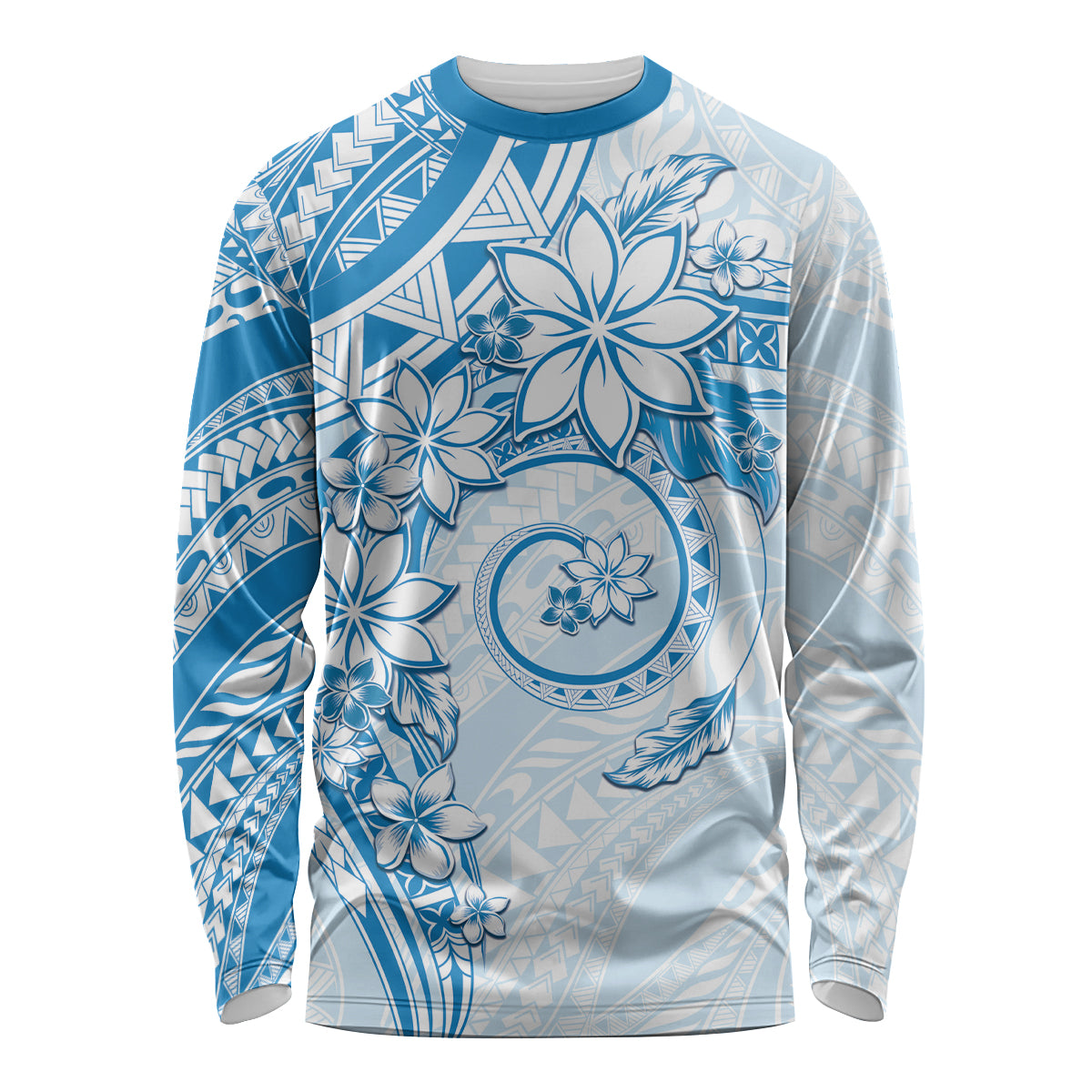 Polynesian Pattern With Plumeria Flowers Long Sleeve Shirt Blue