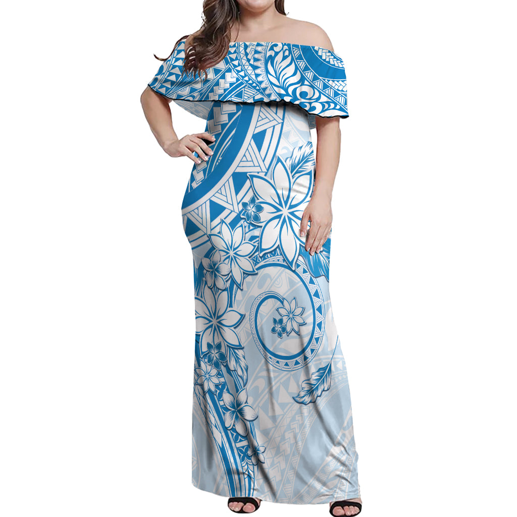 Polynesian Pattern With Plumeria Flowers Off Shoulder Maxi Dress Blue LT05 Women Blue - Polynesian Pride