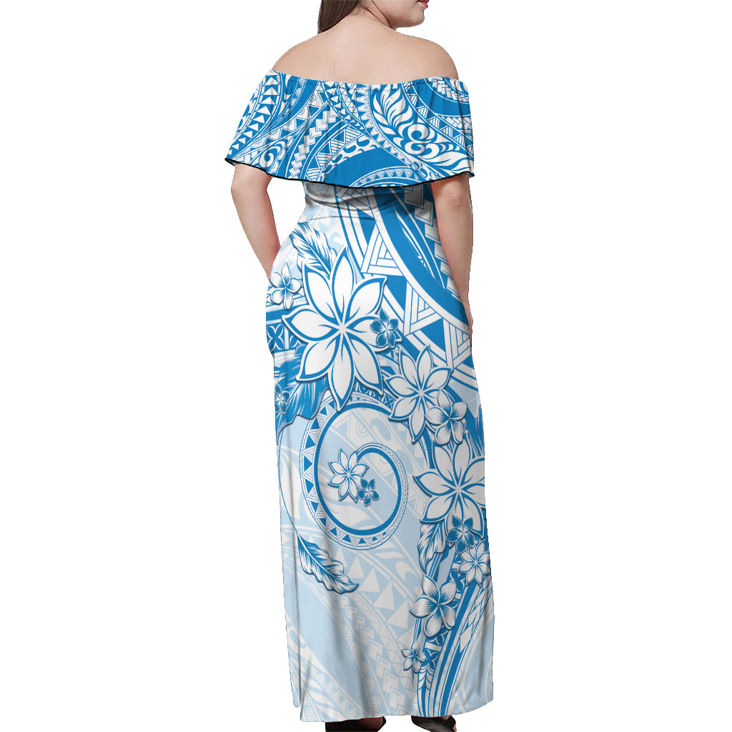 Polynesian Pattern With Plumeria Flowers Off Shoulder Maxi Dress Blue LT05 - Polynesian Pride