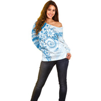 Polynesian Pattern With Plumeria Flowers Off Shoulder Sweater Blue