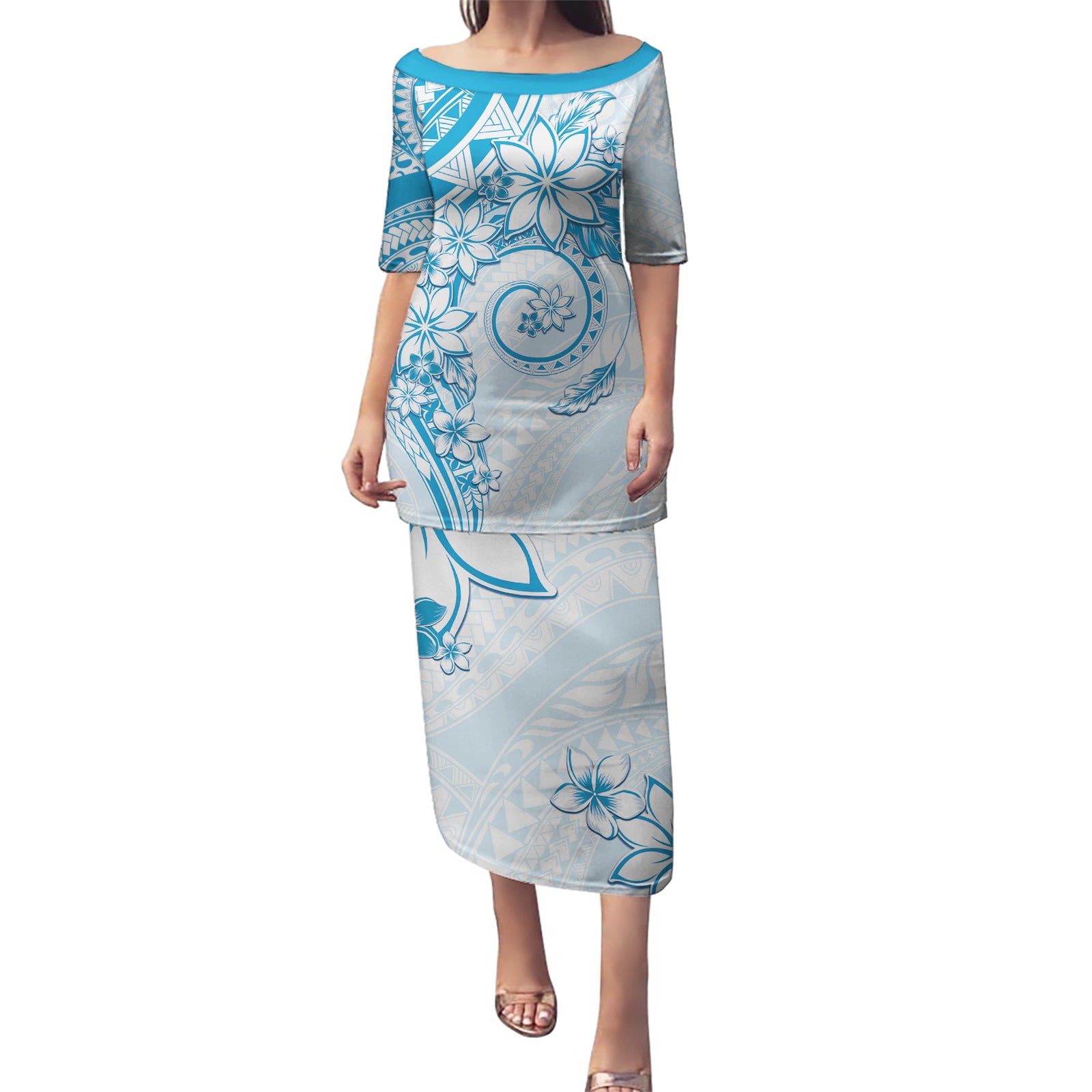 Polynesian Pattern With Plumeria Flowers Puletasi Blue LT05 Long Dress Blue - Polynesian Pride