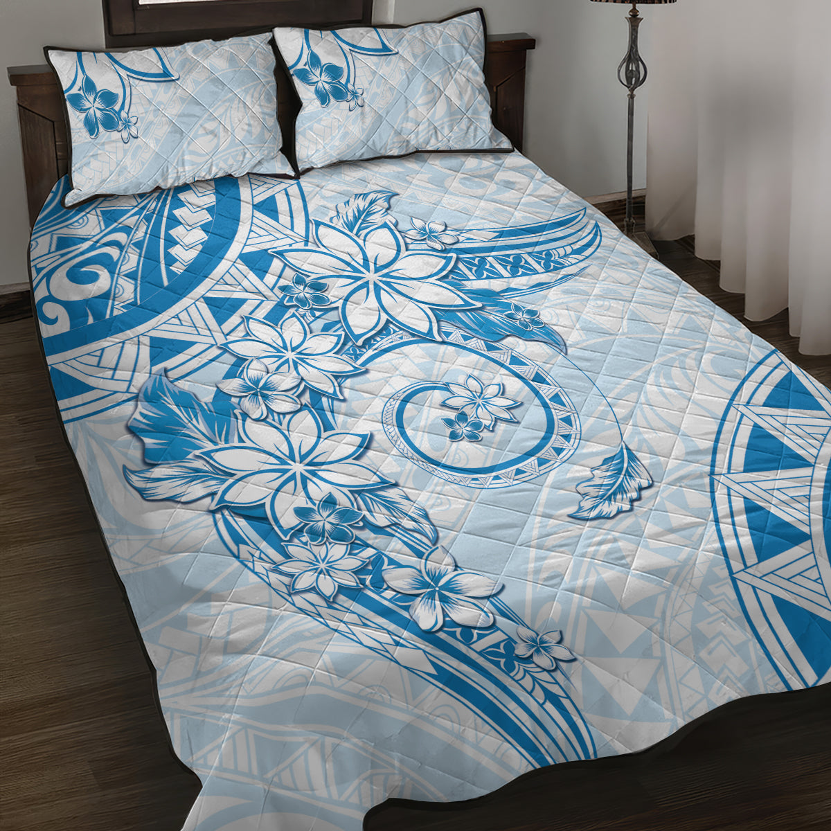 Polynesian Pattern With Plumeria Flowers Quilt Bed Set Blue