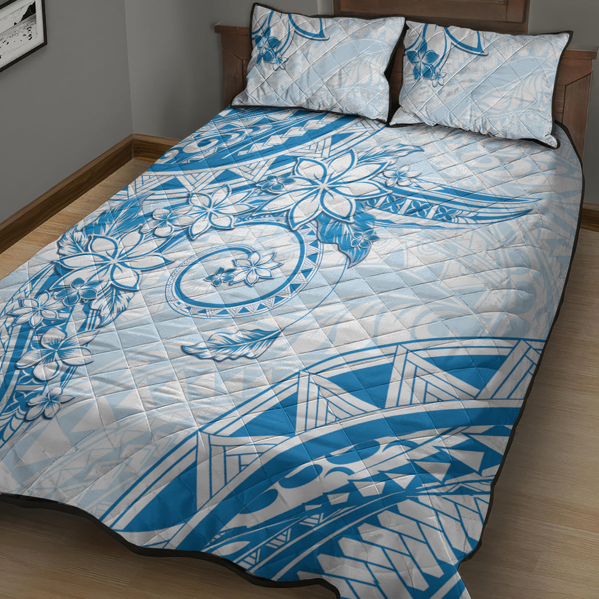Polynesian Pattern With Plumeria Flowers Quilt Bed Set Blue LT05 - Polynesian Pride