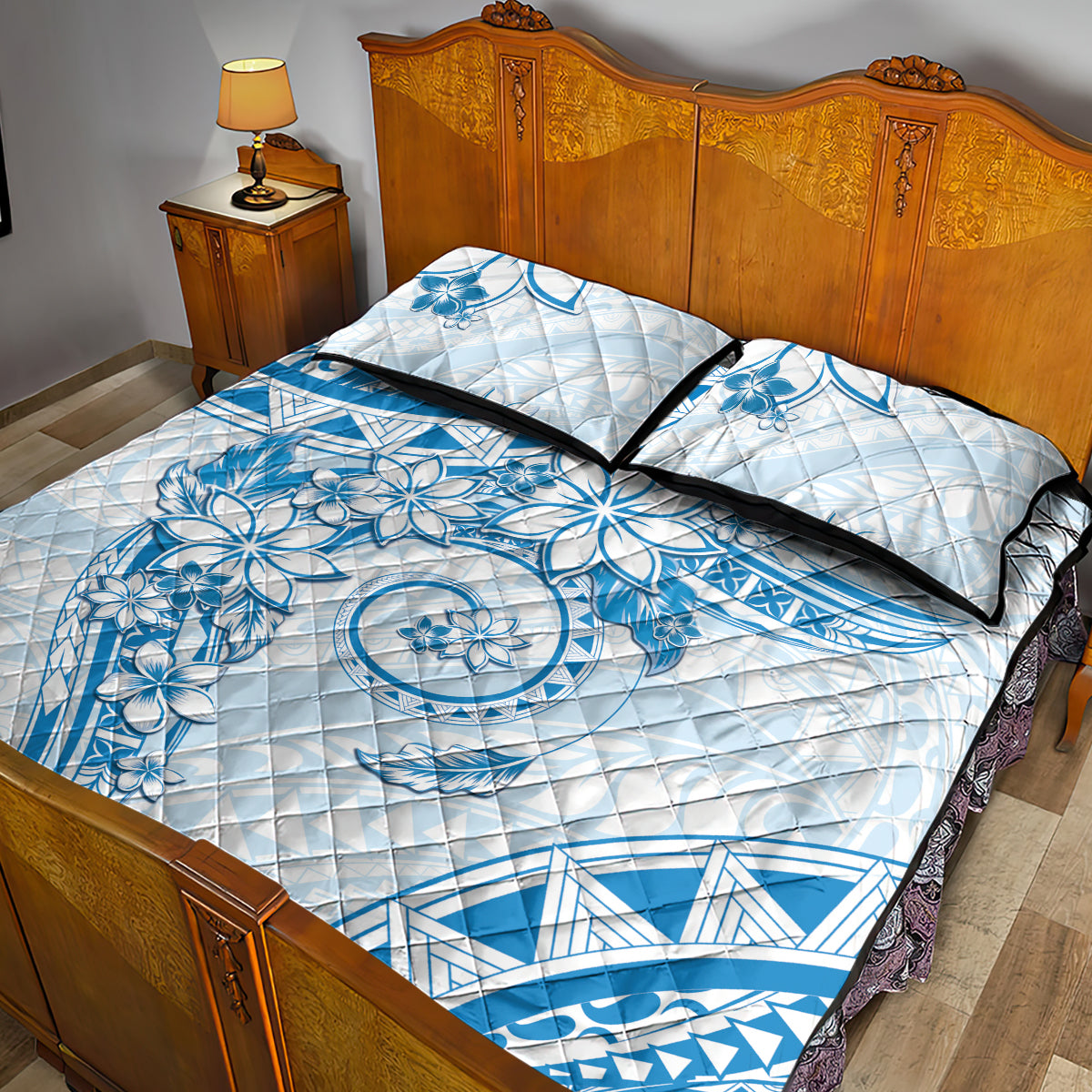 Polynesian Pattern With Plumeria Flowers Quilt Bed Set Blue LT05 - Polynesian Pride
