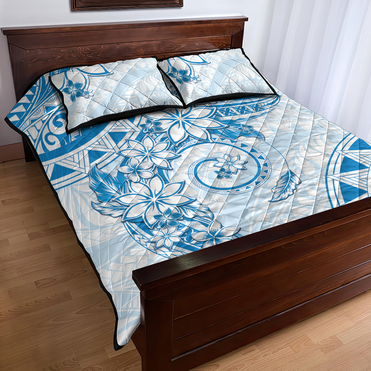 Polynesian Pattern With Plumeria Flowers Quilt Bed Set Blue LT05 - Polynesian Pride