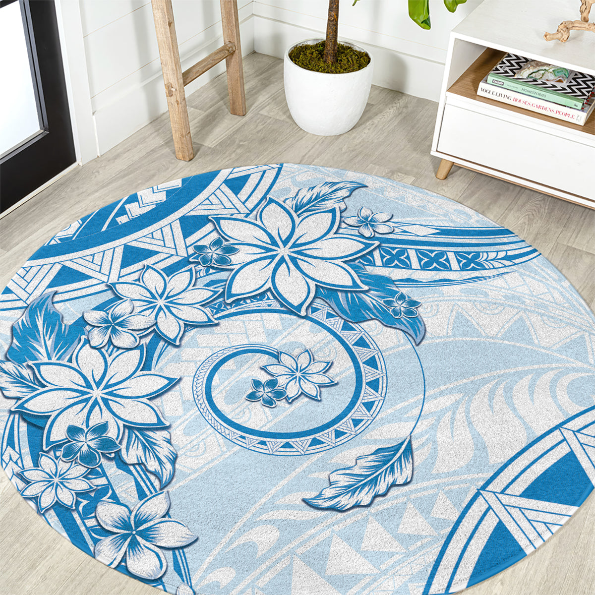 Polynesian Pattern With Plumeria Flowers Round Carpet Blue