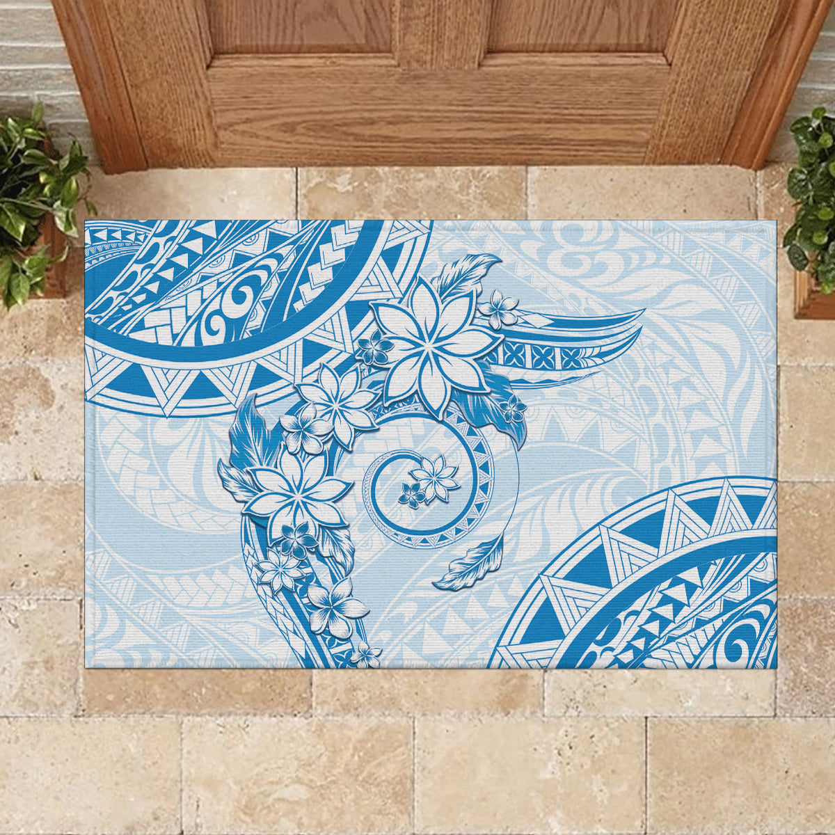 Polynesian Pattern With Plumeria Flowers Rubber Doormat Blue LT05 - Polynesian Pride