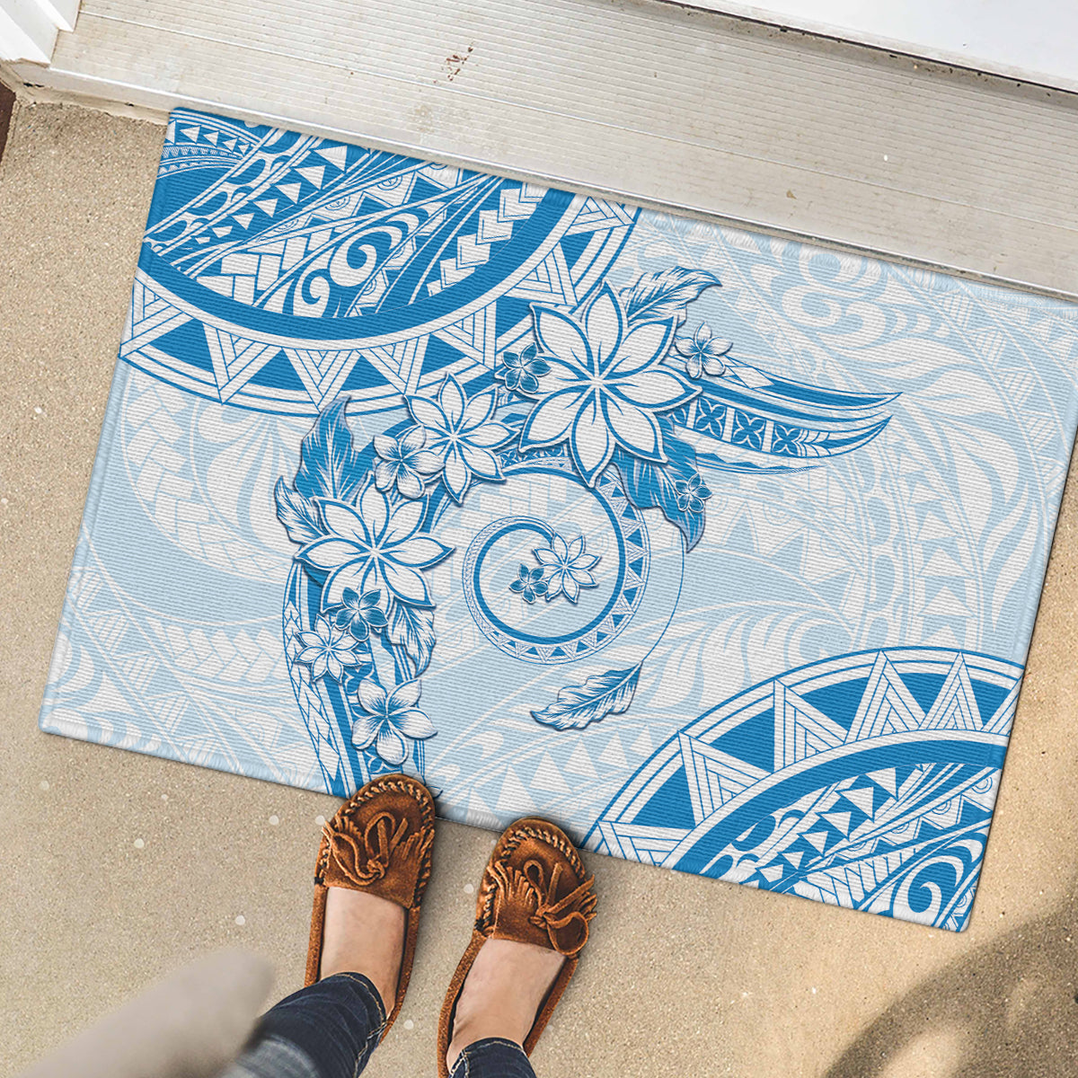 Polynesian Pattern With Plumeria Flowers Rubber Doormat Blue LT05 - Polynesian Pride