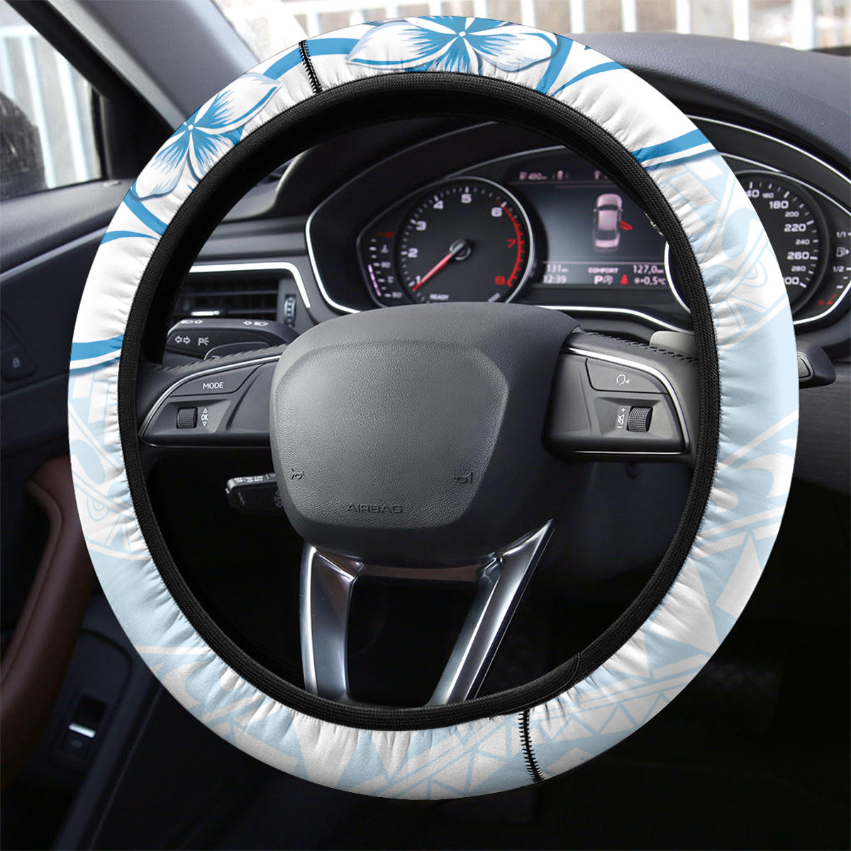Polynesian Pattern With Plumeria Flowers Steering Wheel Cover Blue LT05 - Polynesian Pride