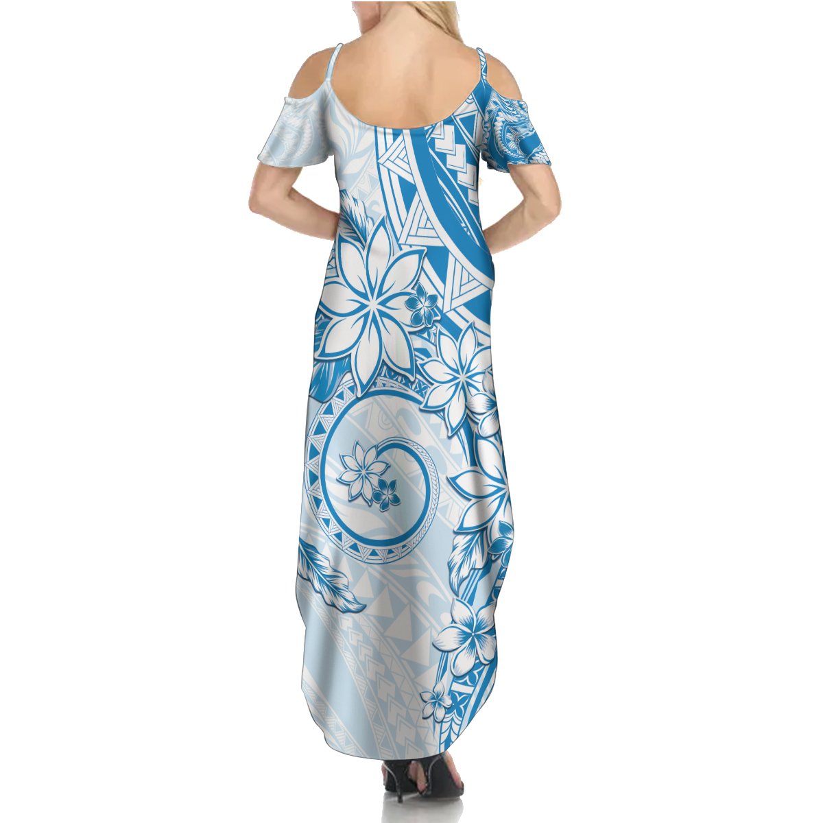 Polynesian Pattern With Plumeria Flowers Summer Maxi Dress Blue LT05 - Polynesian Pride