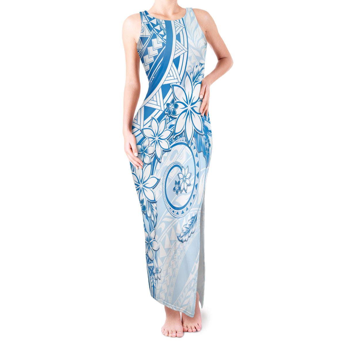 Polynesian Pattern With Plumeria Flowers Tank Maxi Dress Blue