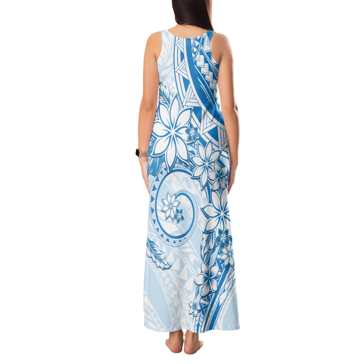 Polynesian Pattern With Plumeria Flowers Tank Maxi Dress Blue LT05 - Polynesian Pride
