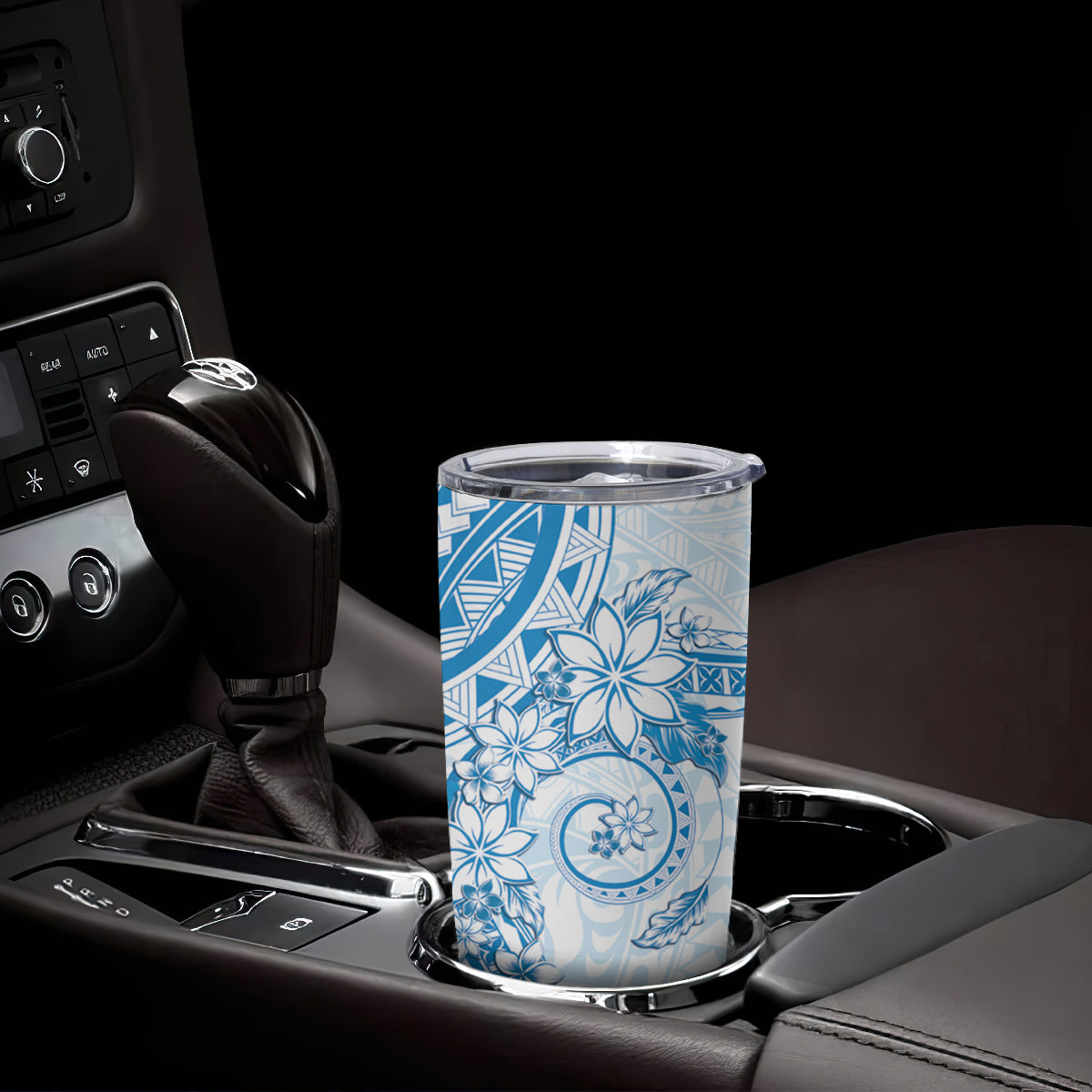 Blue Polynesian Pattern With Plumeria Flowers Tumbler Cup