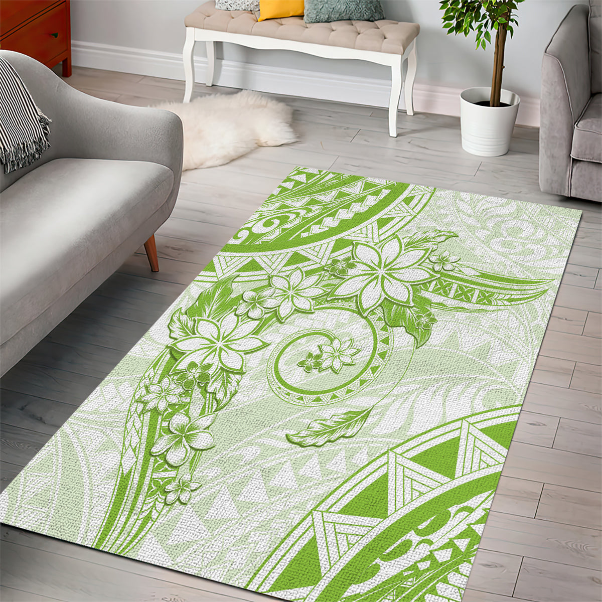 Polynesian Pattern With Plumeria Flowers Area Rug Lime Green
