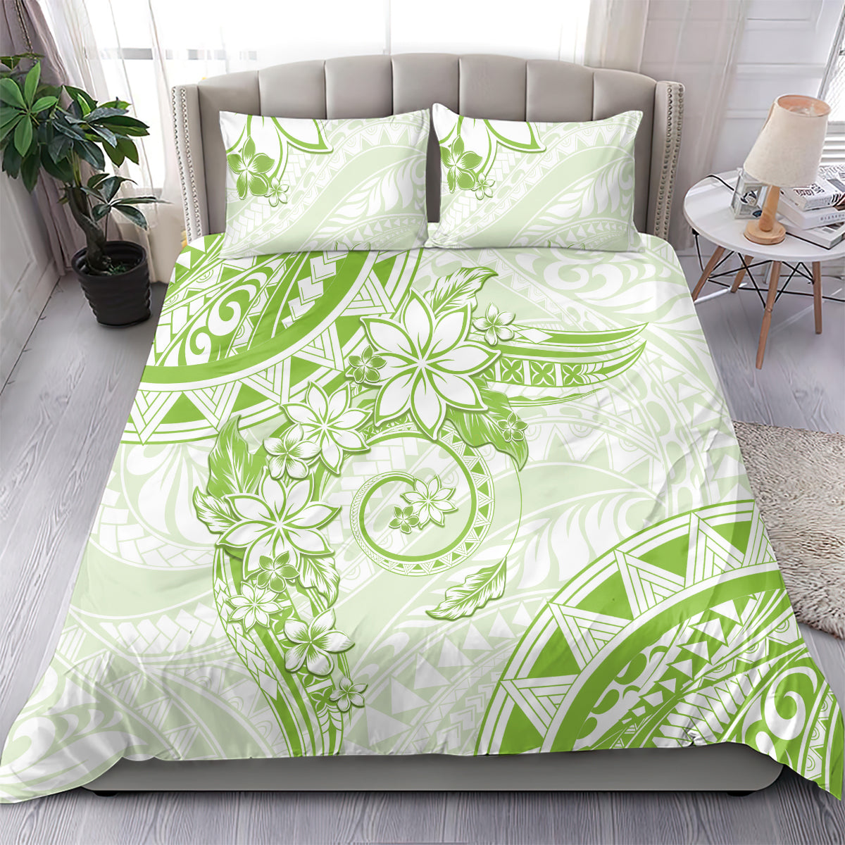 Polynesian Pattern With Plumeria Flowers Bedding Set Lime Green LT05 - Polynesian Pride