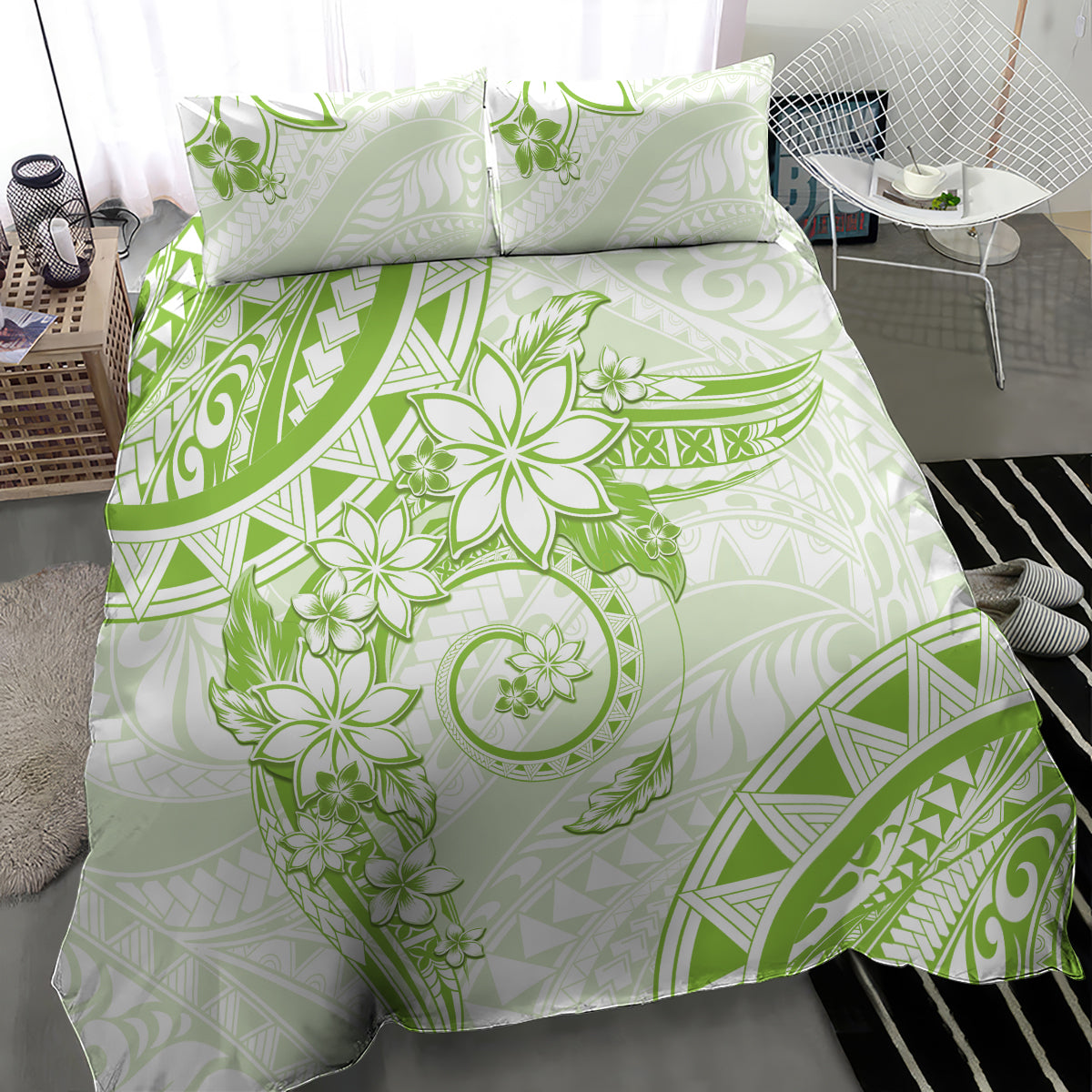 Polynesian Pattern With Plumeria Flowers Bedding Set Lime Green LT05 - Polynesian Pride