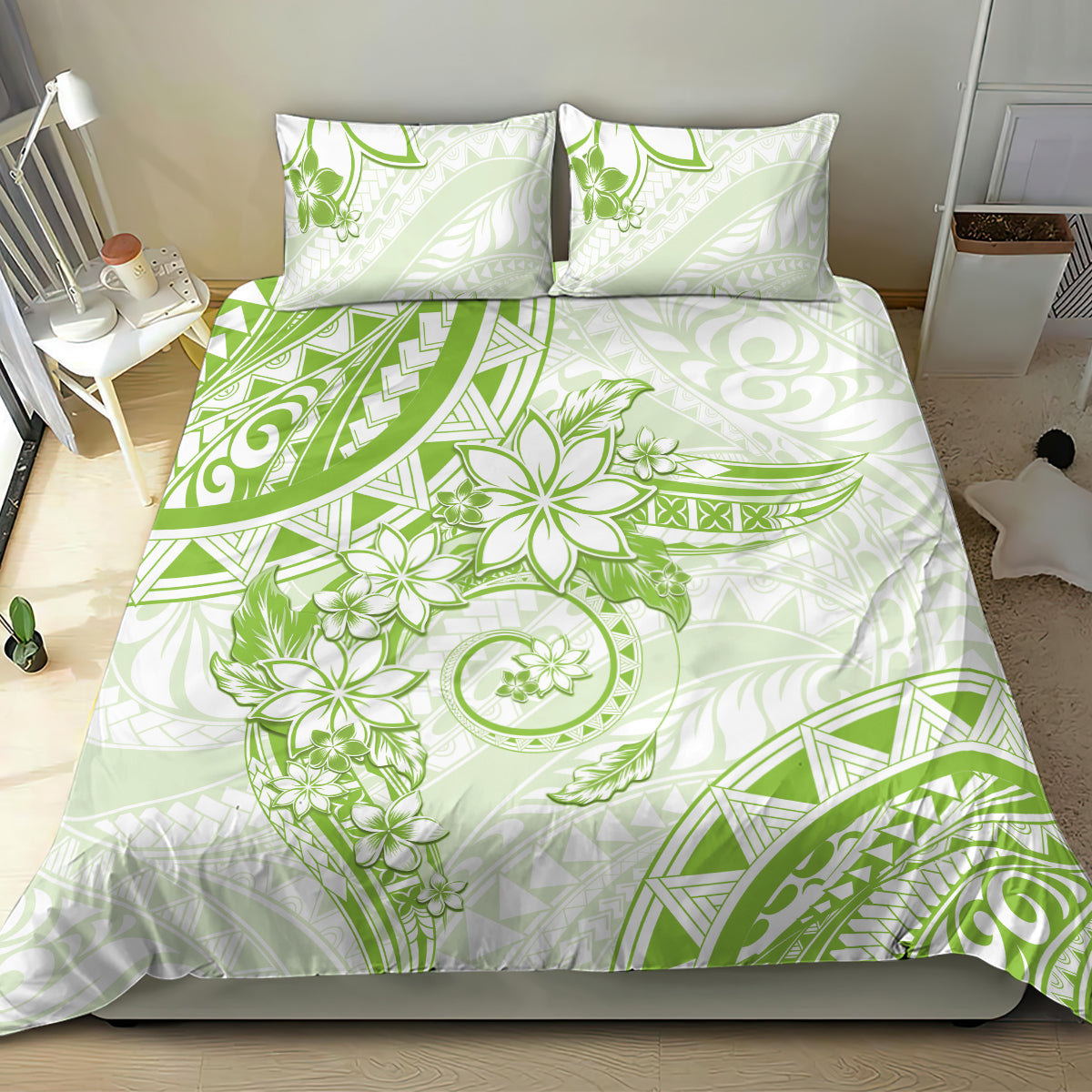 Polynesian Pattern With Plumeria Flowers Bedding Set Lime Green LT05 - Polynesian Pride