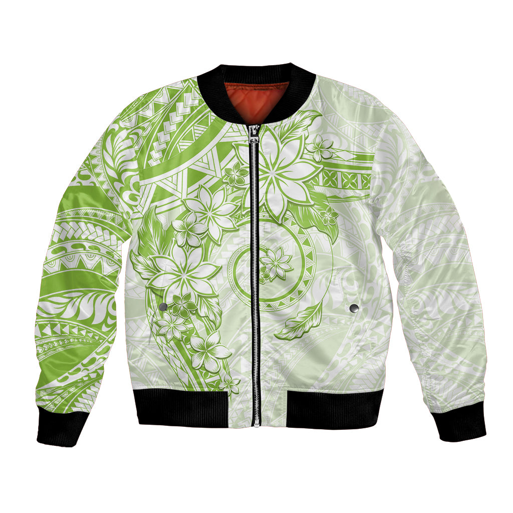 Polynesian Pattern With Plumeria Flowers Bomber Jacket Lime Green LT05 Unisex Lime Green - Polynesian Pride