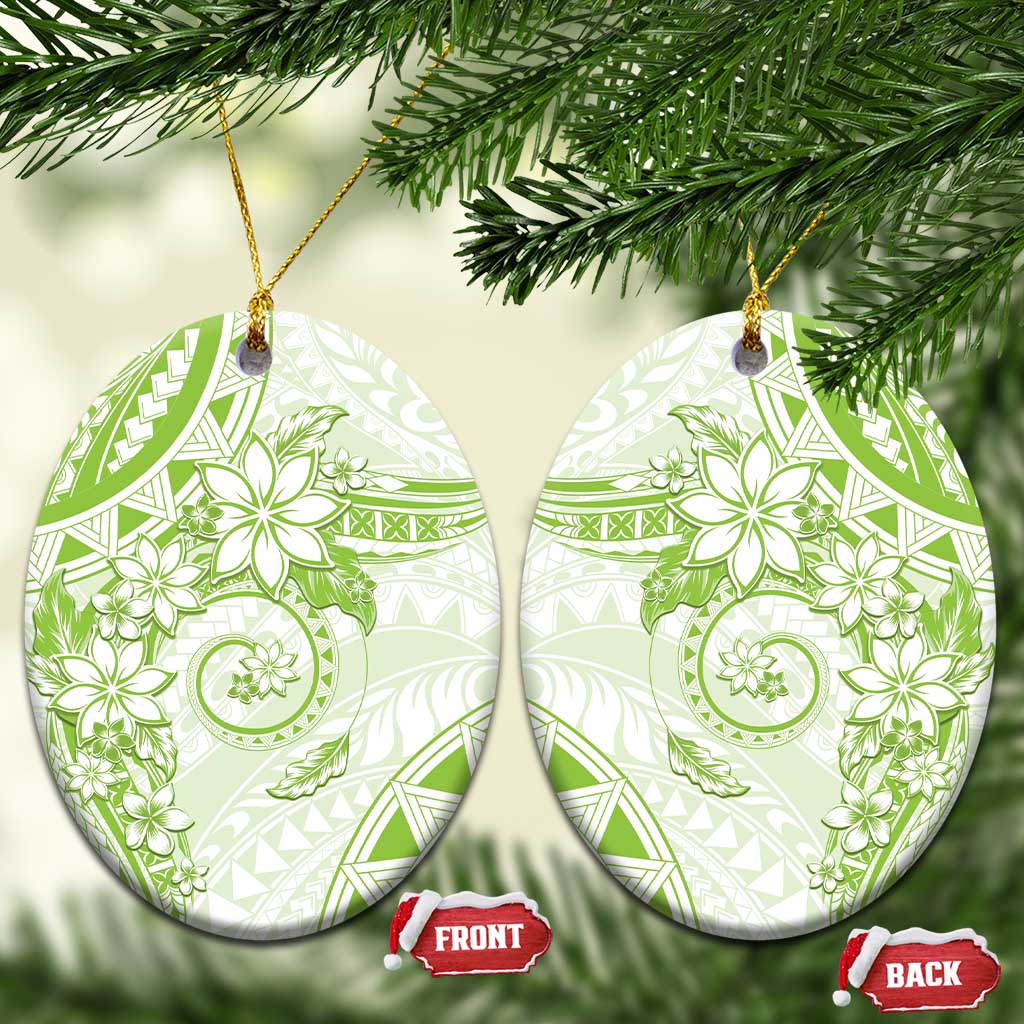 Polynesian Pattern With Plumeria Flowers Ceramic Ornament Lime Green LT05 Oval Lime Green - Polynesian Pride