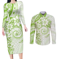 Polynesian Pattern With Plumeria Flowers Couples Matching Long Sleeve Bodycon Dress and Long Sleeve Button Shirt Lime Green LT05 Lime Green - Polynesian Pride