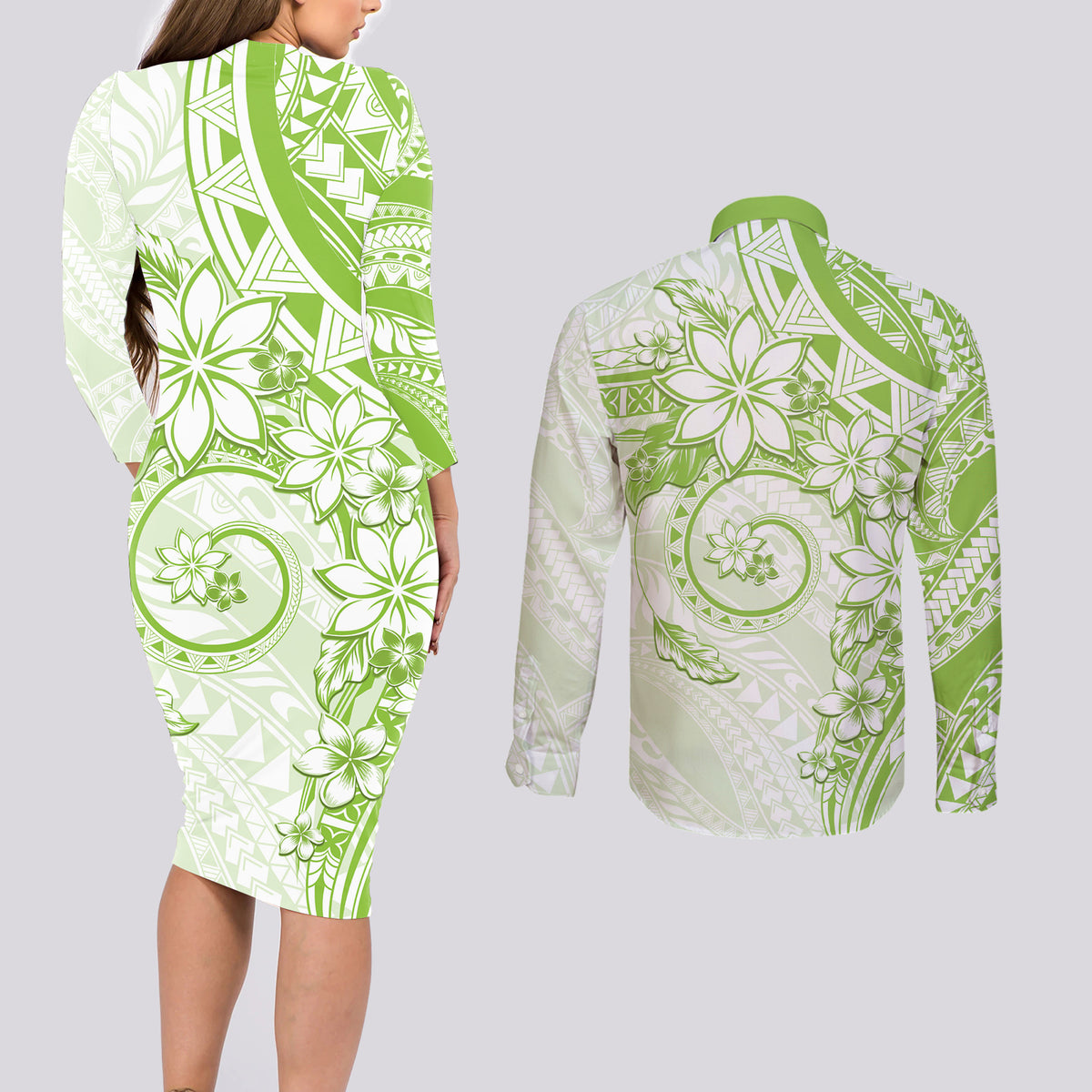 Polynesian Pattern With Plumeria Flowers Couples Matching Long Sleeve Bodycon Dress and Long Sleeve Button Shirt Lime Green LT05 - Polynesian Pride