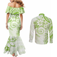 Polynesian Pattern With Plumeria Flowers Couples Matching Mermaid Dress and Long Sleeve Button Shirt Lime Green LT05 - Polynesian Pride