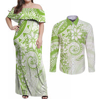 Polynesian Pattern With Plumeria Flowers Couples Matching Off Shoulder Maxi Dress and Long Sleeve Button Shirt Lime Green LT05 Lime Green - Polynesian Pride
