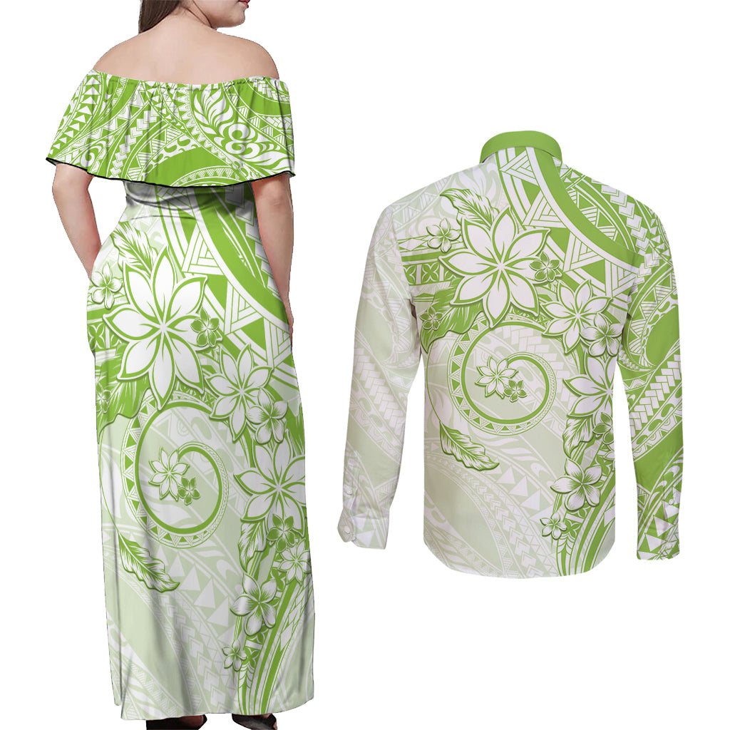 Polynesian Pattern With Plumeria Flowers Couples Matching Off Shoulder Maxi Dress and Long Sleeve Button Shirt Lime Green LT05 - Polynesian Pride