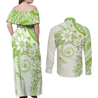Polynesian Pattern With Plumeria Flowers Couples Matching Off Shoulder Maxi Dress and Long Sleeve Button Shirt Lime Green LT05 - Polynesian Pride