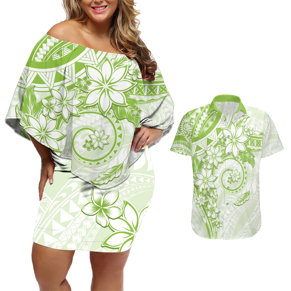 Polynesian Pattern With Plumeria Flowers Couples Matching Off Shoulder Short Dress and Hawaiian Shirt Lime Green LT05 Lime Green - Polynesian Pride