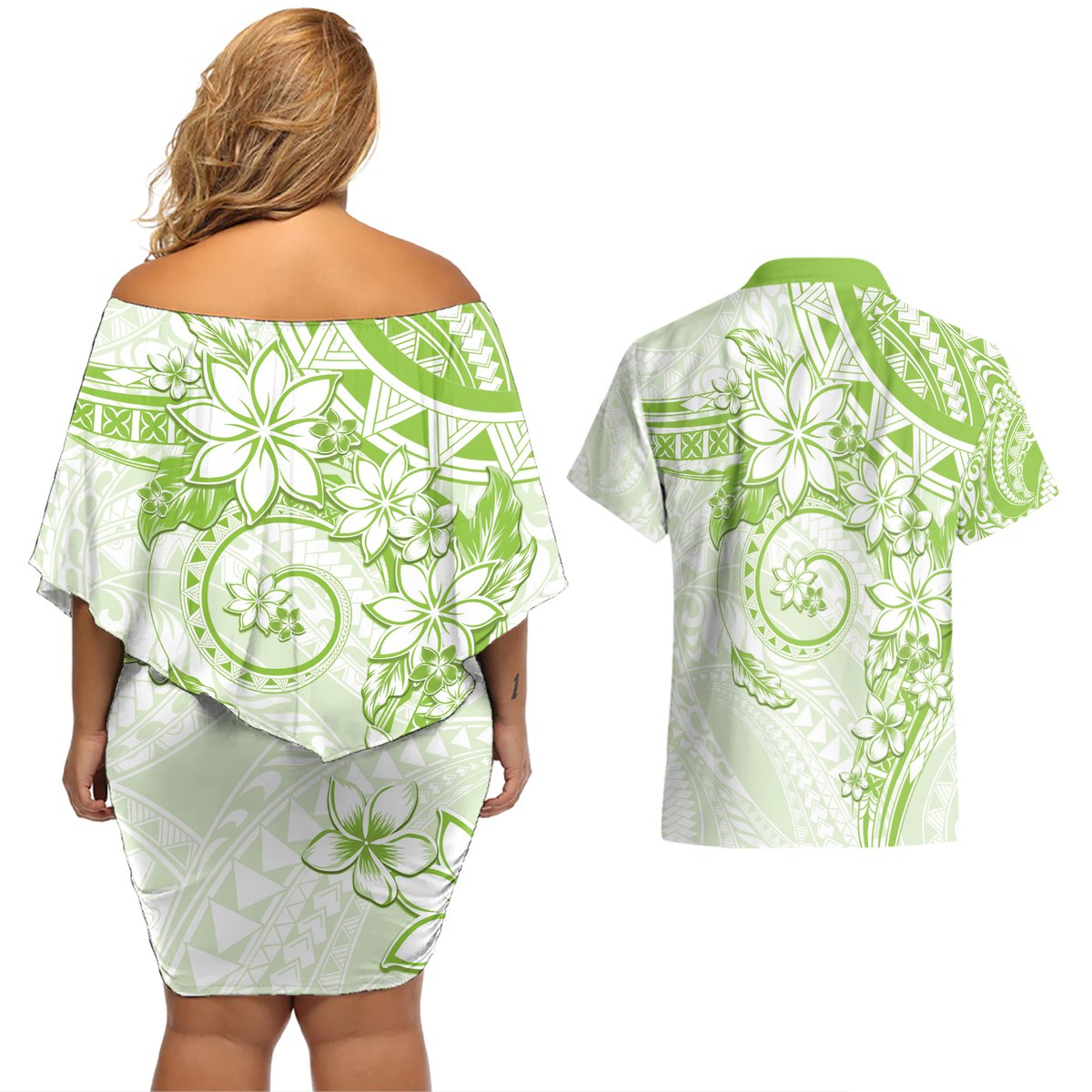 Polynesian Pattern With Plumeria Flowers Couples Matching Off Shoulder Short Dress and Hawaiian Shirt Lime Green LT05 - Polynesian Pride