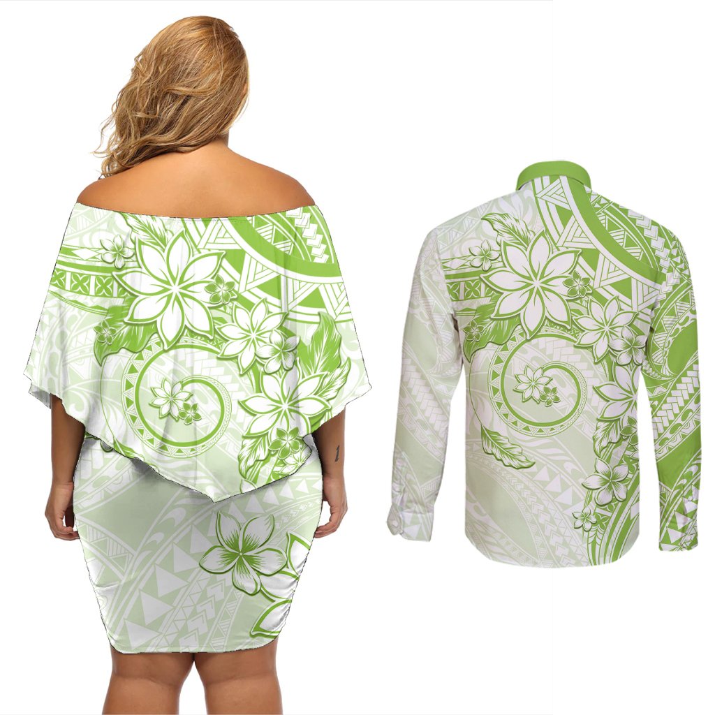 Polynesian Pattern With Plumeria Flowers Couples Matching Off Shoulder Short Dress and Long Sleeve Button Shirt Lime Green LT05 - Polynesian Pride