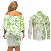 Polynesian Pattern With Plumeria Flowers Couples Matching Off Shoulder Short Dress and Long Sleeve Button Shirt Lime Green LT05 - Polynesian Pride