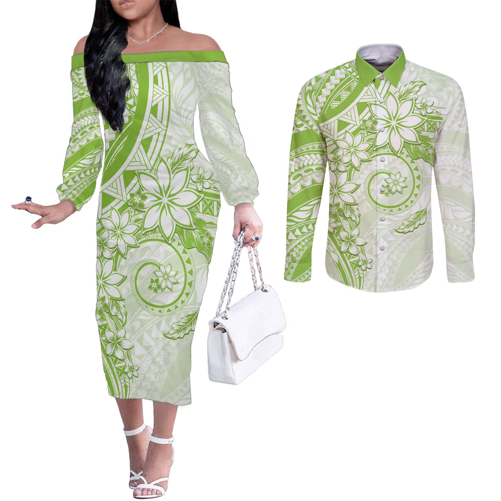 Polynesian Pattern With Plumeria Flowers Couples Matching Off The Shoulder Long Sleeve Dress and Long Sleeve Button Shirt Lime Green LT05 Lime Green - Polynesian Pride