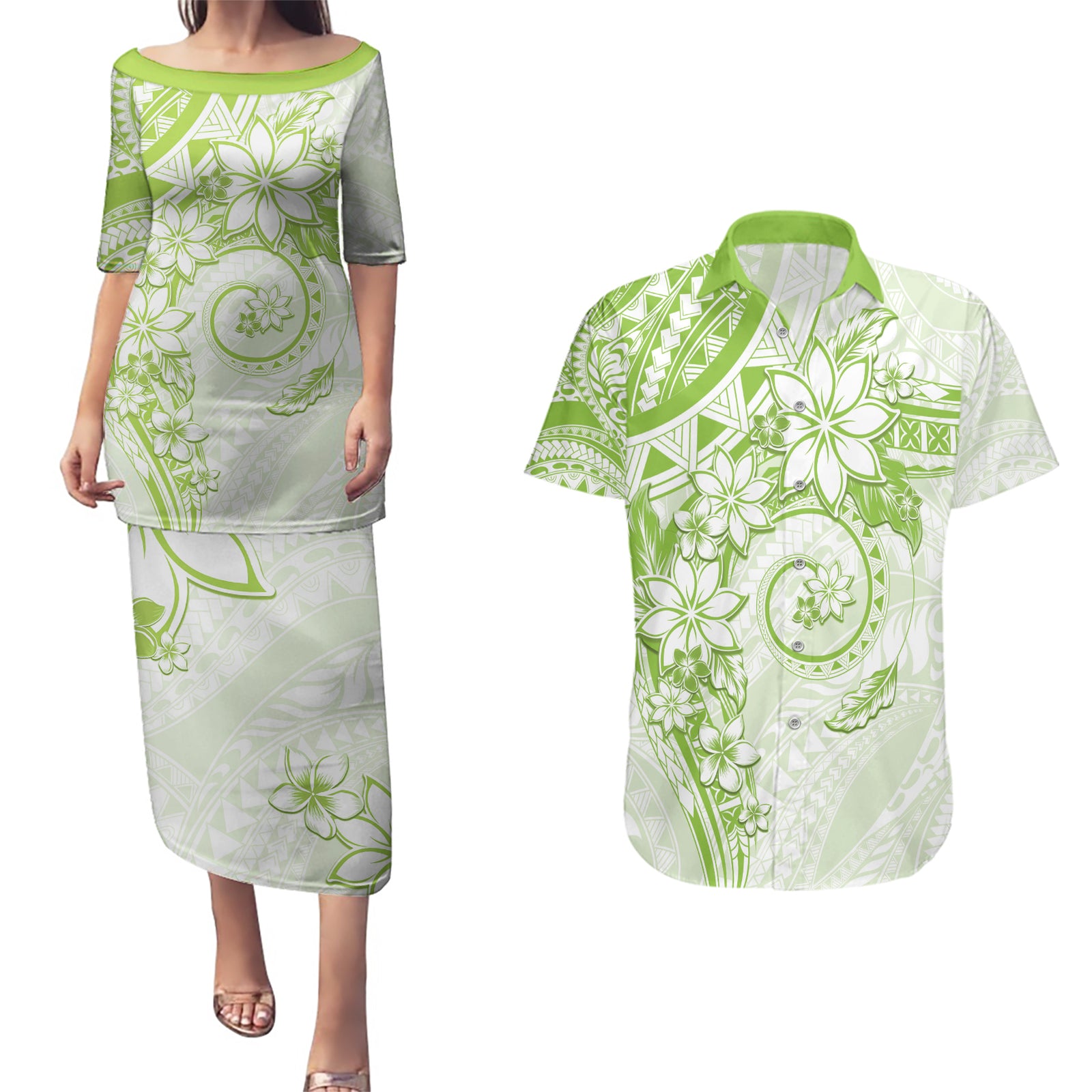 Polynesian Pattern With Plumeria Flowers Couples Matching Puletasi and Hawaiian Shirt Lime Green LT05 Lime Green - Polynesian Pride