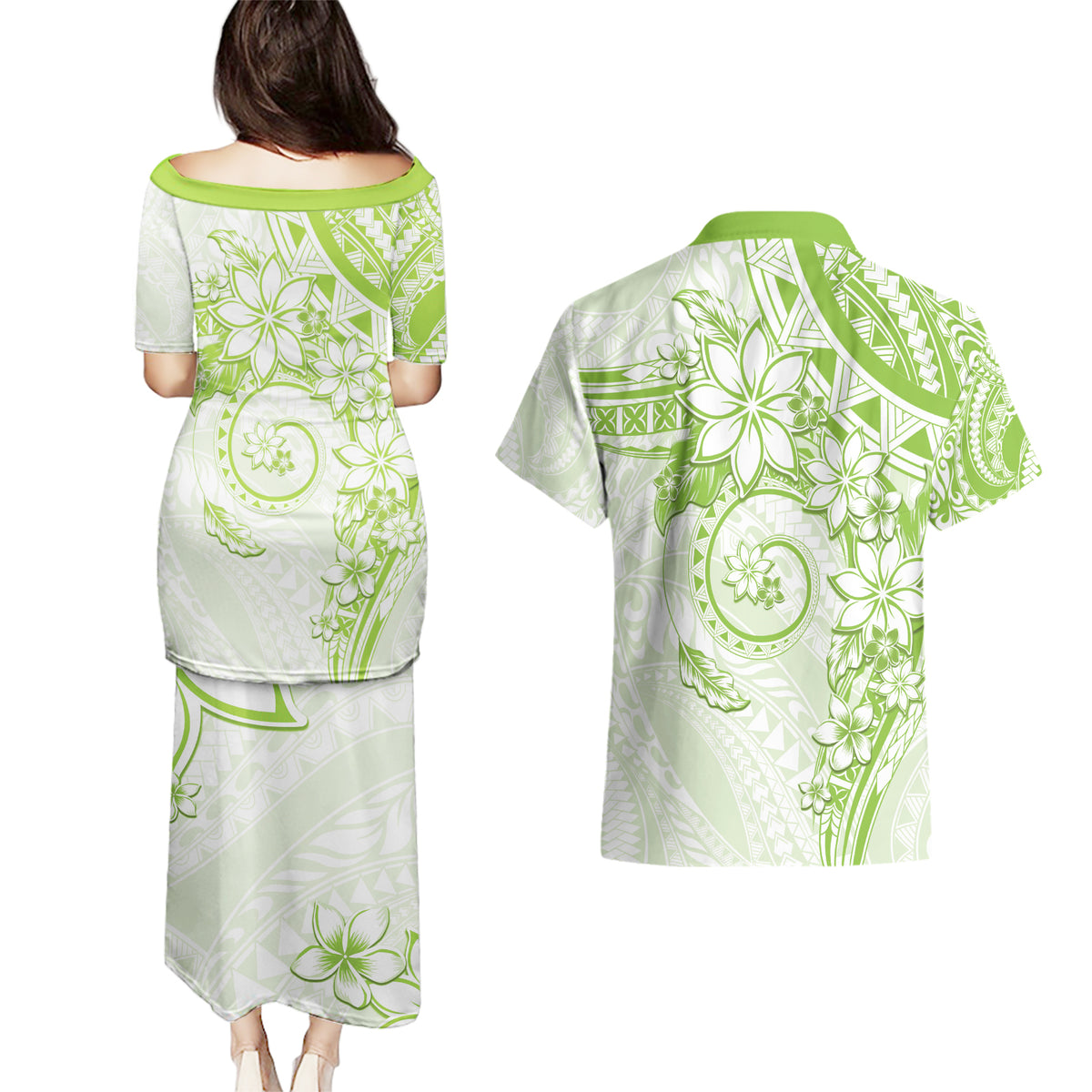 Polynesian Pattern With Plumeria Flowers Couples Matching Puletasi and Hawaiian Shirt Lime Green LT05 - Polynesian Pride