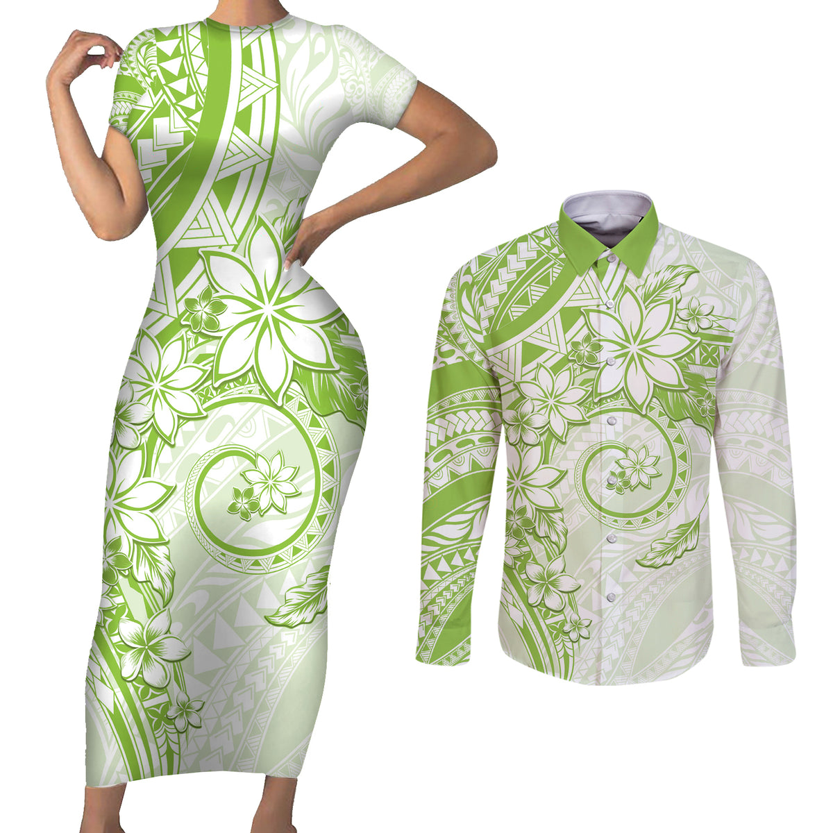 Polynesian Pattern With Plumeria Flowers Couples Matching Short Sleeve Bodycon Dress and Long Sleeve Button Shirt Lime Green LT05 Lime Green - Polynesian Pride