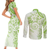 Polynesian Pattern With Plumeria Flowers Couples Matching Short Sleeve Bodycon Dress and Long Sleeve Button Shirt Lime Green LT05 - Polynesian Pride