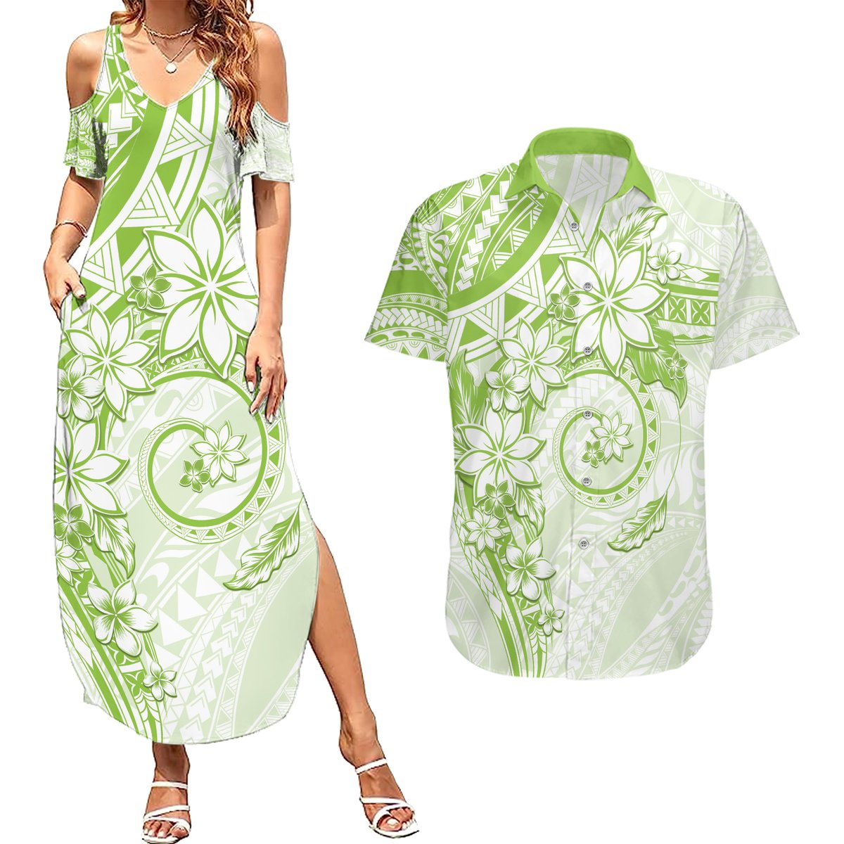 Polynesian Pattern With Plumeria Flowers Couples Matching Summer Maxi Dress and Hawaiian Shirt Lime Green LT05 Lime Green - Polynesian Pride