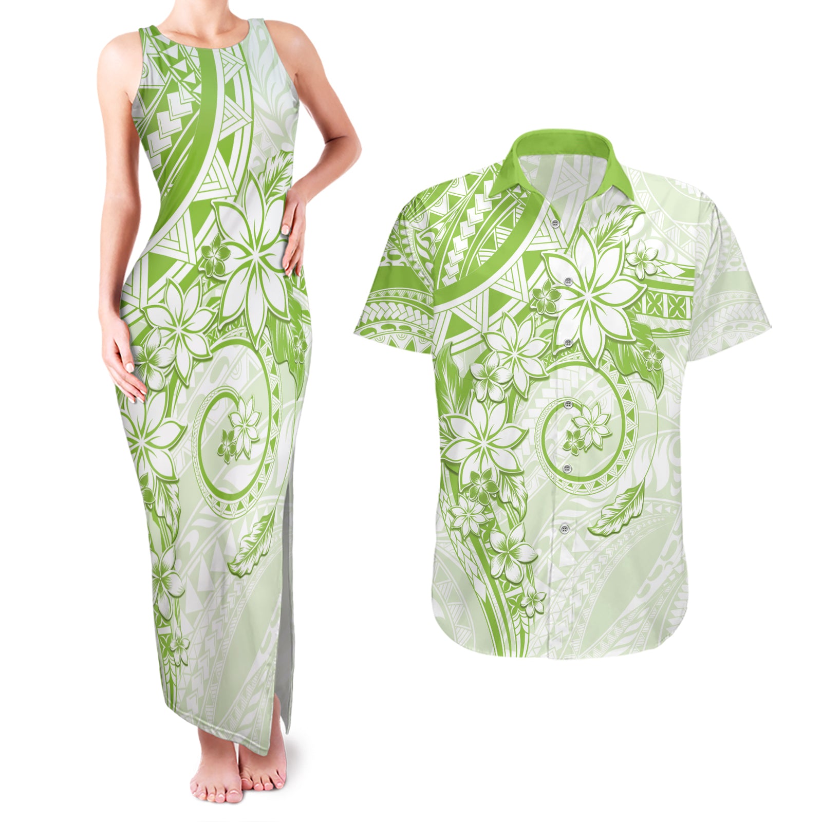 Polynesian Pattern With Plumeria Flowers Couples Matching Tank Maxi Dress and Hawaiian Shirt Lime Green LT05 Lime Green - Polynesian Pride