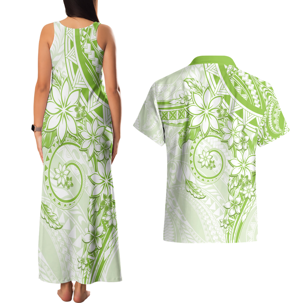 Polynesian Pattern With Plumeria Flowers Couples Matching Tank Maxi Dress and Hawaiian Shirt Lime Green LT05 - Polynesian Pride