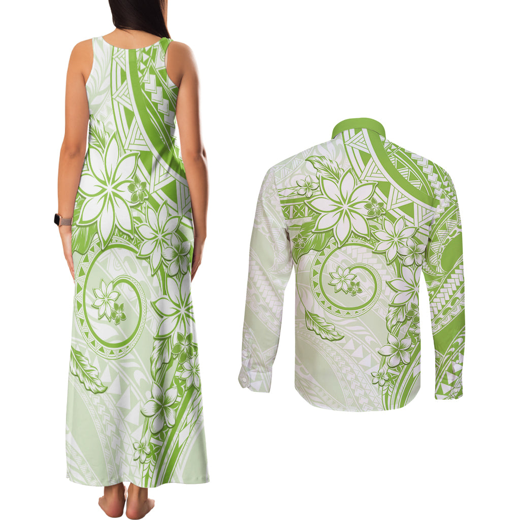 Polynesian Pattern With Plumeria Flowers Couples Matching Tank Maxi Dress and Long Sleeve Button Shirt Lime Green LT05 - Polynesian Pride