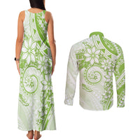 Polynesian Pattern With Plumeria Flowers Couples Matching Tank Maxi Dress and Long Sleeve Button Shirt Lime Green LT05 - Polynesian Pride