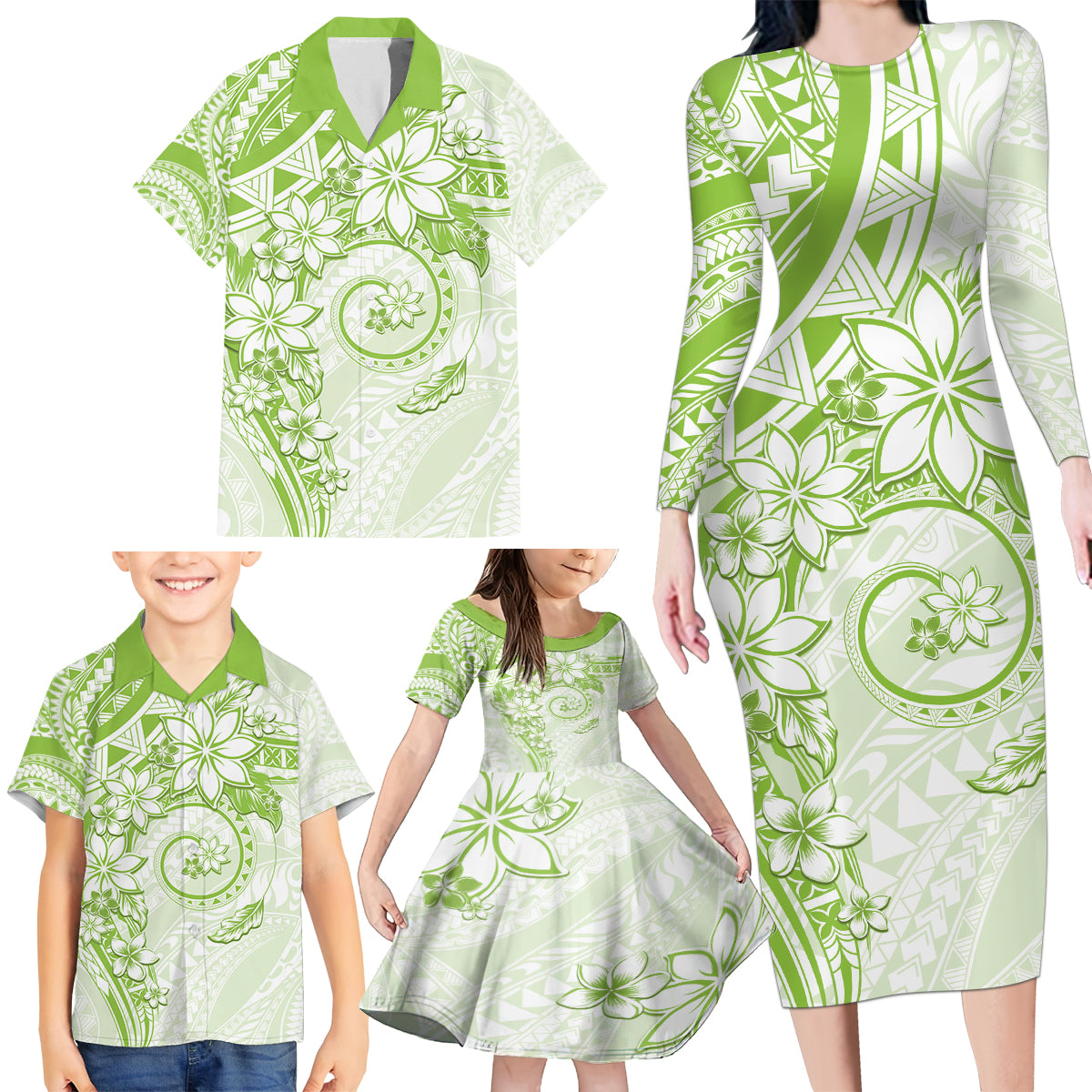 Polynesian Pattern With Plumeria Flowers Family Matching Long Sleeve Bodycon Dress and Hawaiian Shirt Lime Green