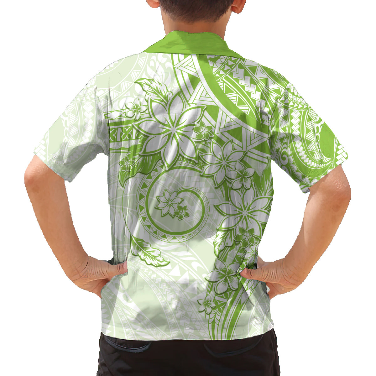 Polynesian Pattern With Plumeria Flowers Family Matching Off The Shoulder Long Sleeve Dress and Hawaiian Shirt Lime Green